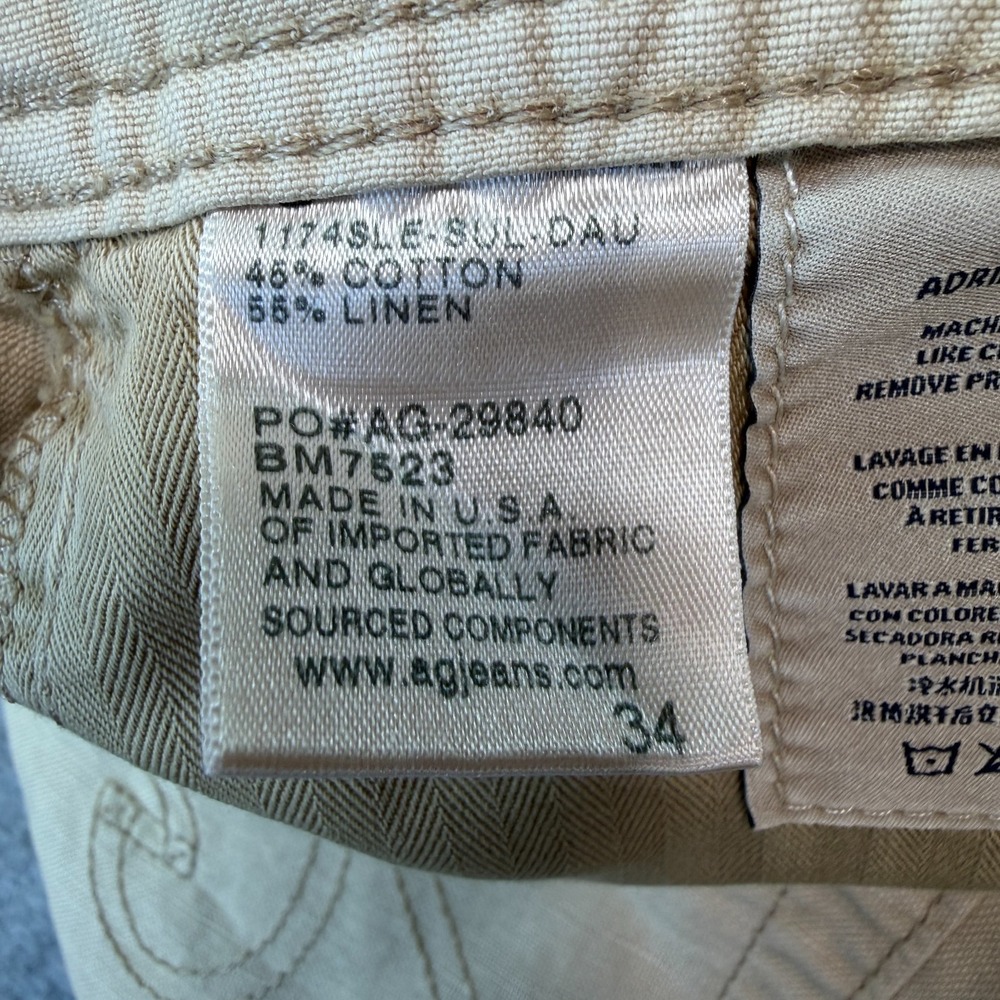 AG Adriano Goldschmied The Graduate Tailored Leg Khaki Linen Cotton Pants 36x28 - Picture 3 of 12